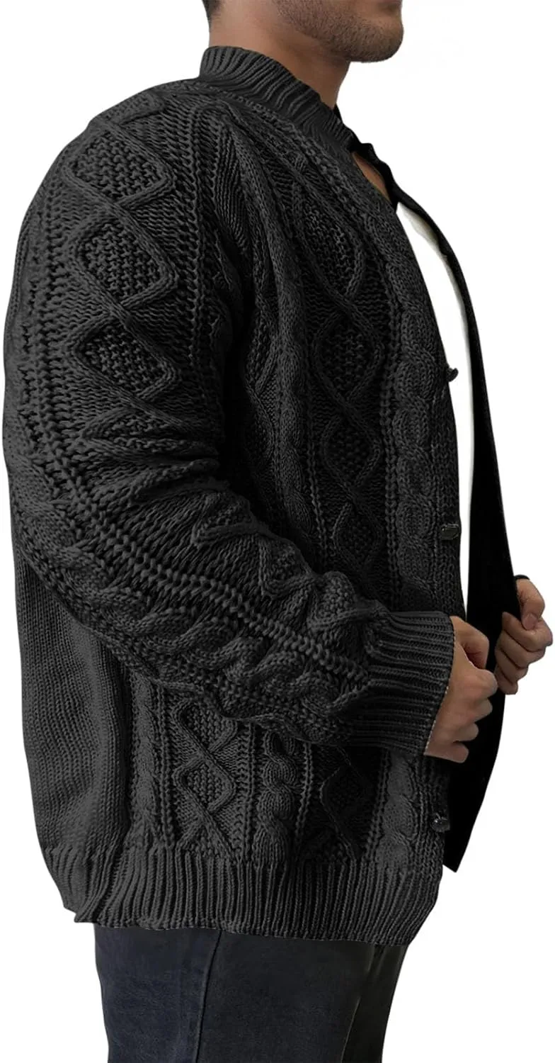 Cable Knit Cardigan for Men Casual Chunky Sweater Coat Long Sleeve Fall Winter Knitted Button Down Sweaters Jacket