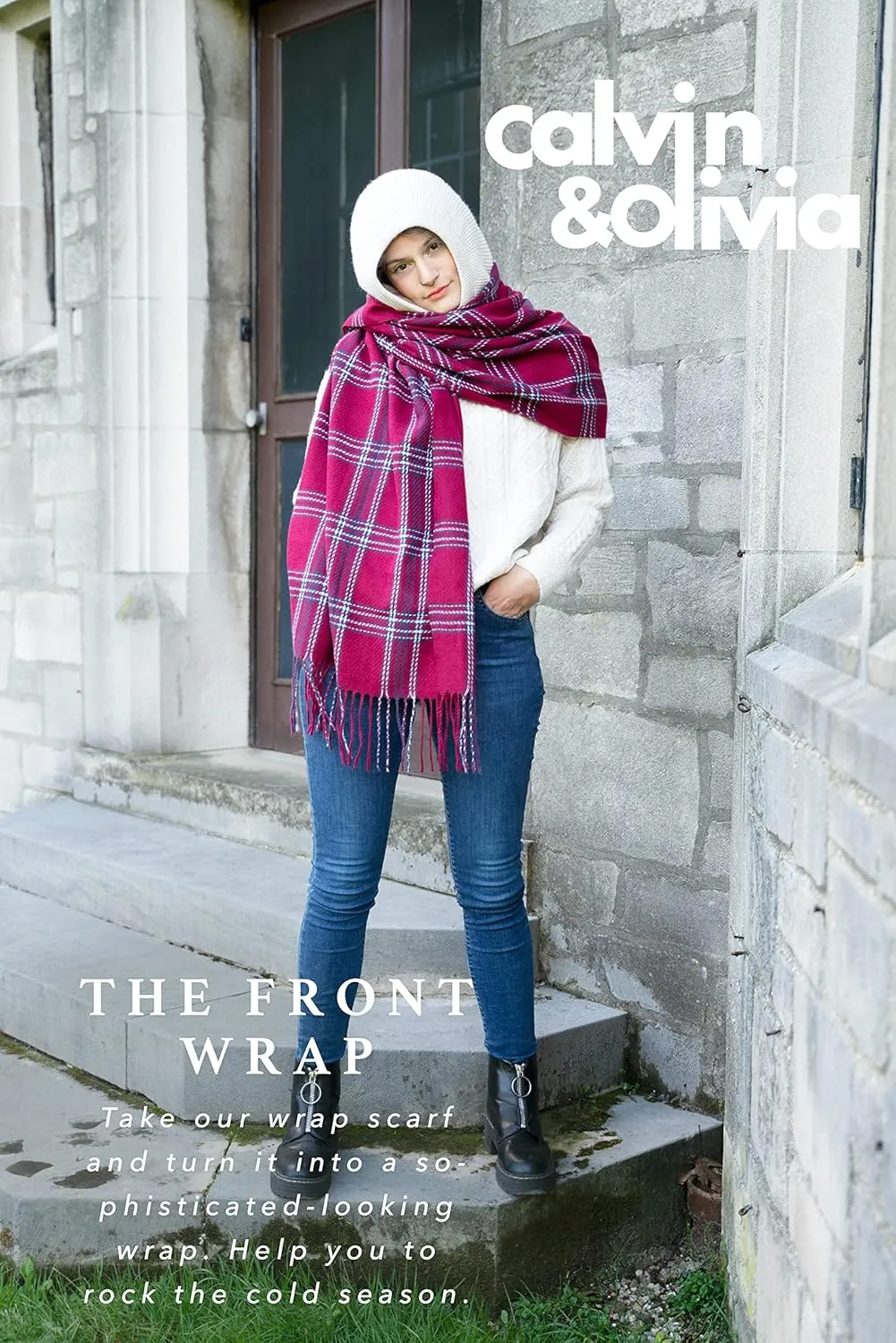 CALVIN & OLIVIA Women's Fall Winter Scarf Thick Classic Plaid Scarf Wrap Warmth Soft Oversized Cashmere Feel Scarves