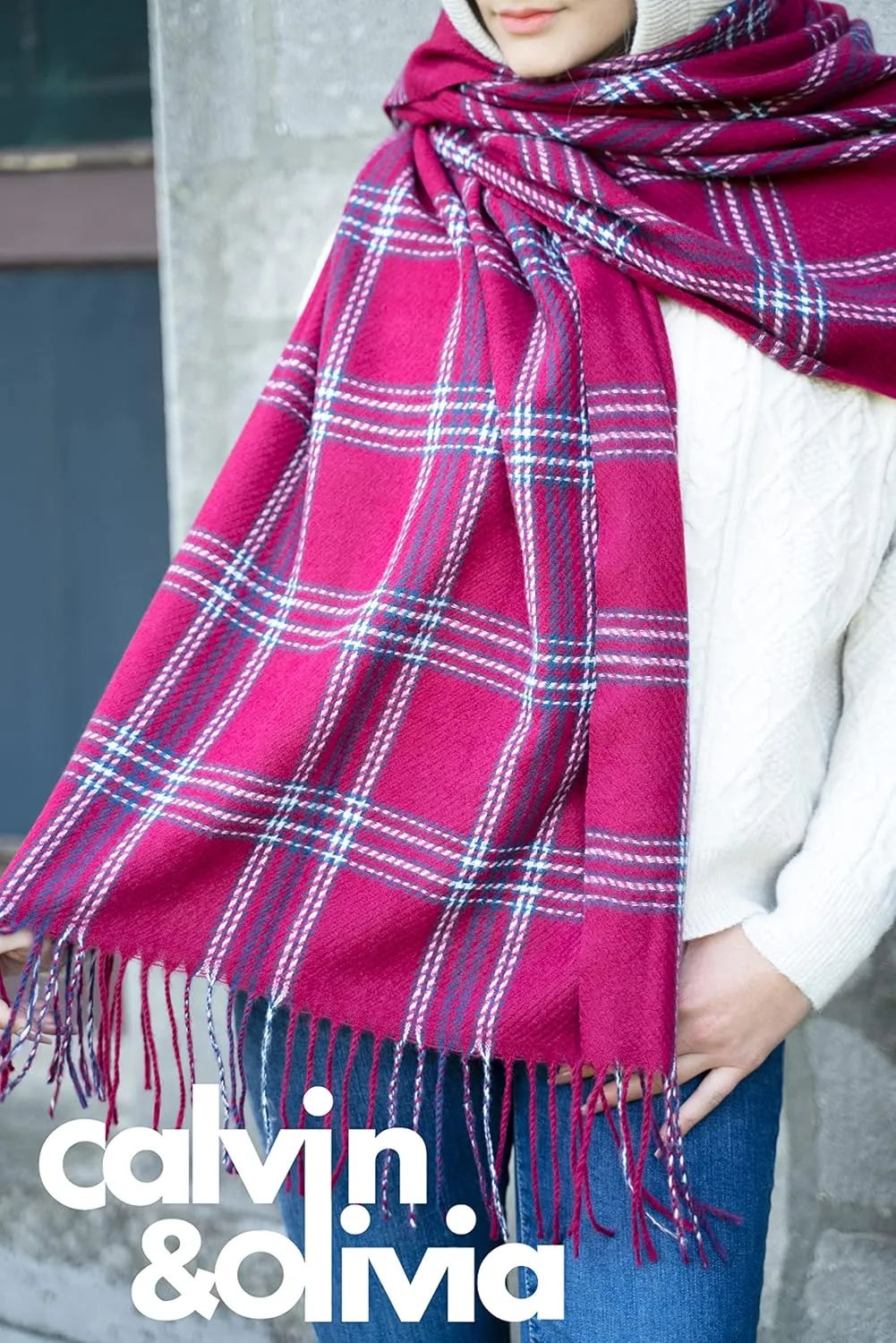 CALVIN & OLIVIA Women's Fall Winter Scarf Thick Classic Plaid Scarf Wrap Warmth Soft Oversized Cashmere Feel Scarves