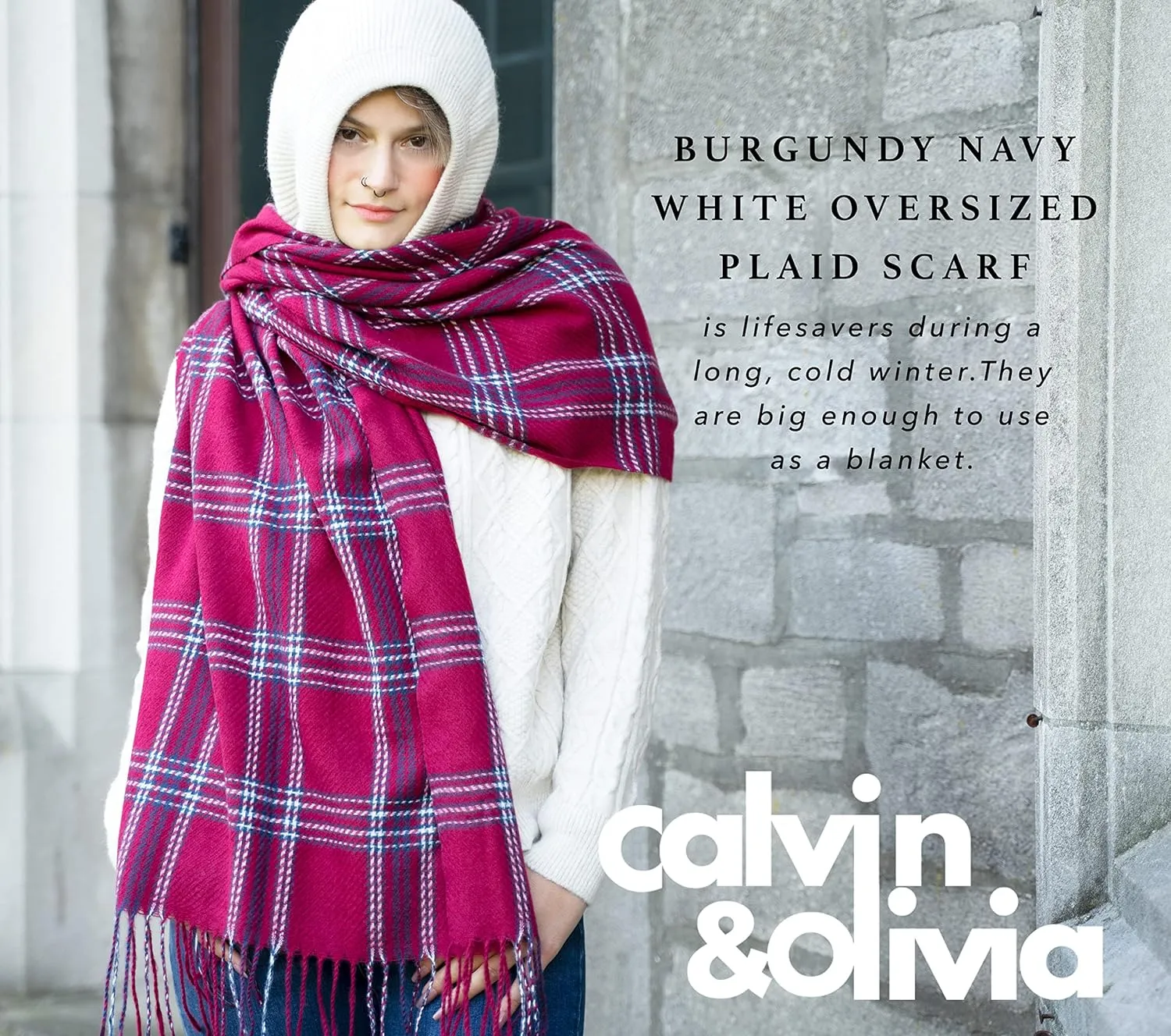 CALVIN & OLIVIA Women's Fall Winter Scarf Thick Classic Plaid Scarf Wrap Warmth Soft Oversized Cashmere Feel Scarves