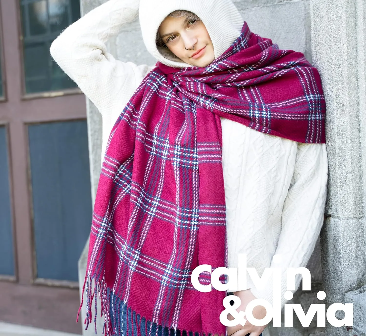 CALVIN & OLIVIA Women's Fall Winter Scarf Thick Classic Plaid Scarf Wrap Warmth Soft Oversized Cashmere Feel Scarves