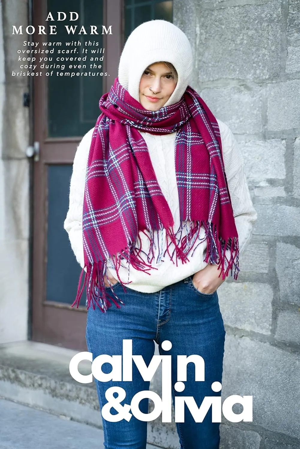 CALVIN & OLIVIA Women's Fall Winter Scarf Thick Classic Plaid Scarf Wrap Warmth Soft Oversized Cashmere Feel Scarves