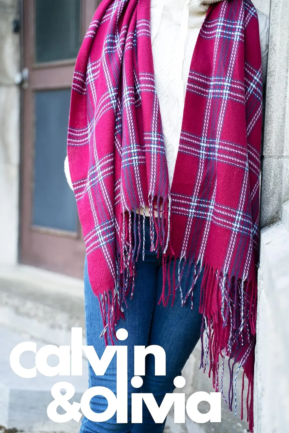 CALVIN & OLIVIA Women's Fall Winter Scarf Thick Classic Plaid Scarf Wrap Warmth Soft Oversized Cashmere Feel Scarves