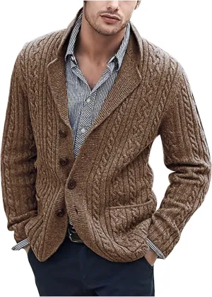 Dgoopd Cardigan Sweaters for Men Cable Knit Button Down Sweater Notch Lapel Jacket V Neck Open Front Cardigan Casual Outwear