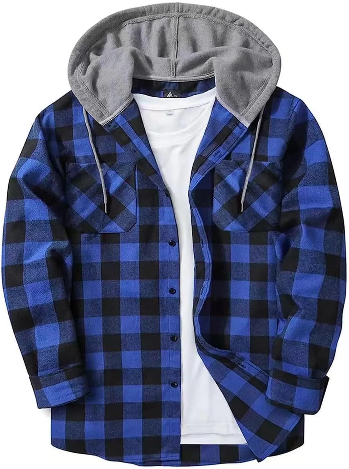 Flannel Hoodie Shirt for Men Casual Button Down Plaid Shirt Jacket Classic Drawstring Long Sleeve Shacket Coats