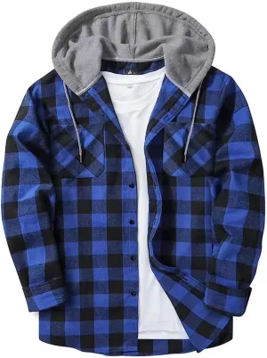 Flannel Hoodie Shirt for Men Casual Button Down Plaid Shirt Jacket Classic Drawstring Long Sleeve Shacket Coats