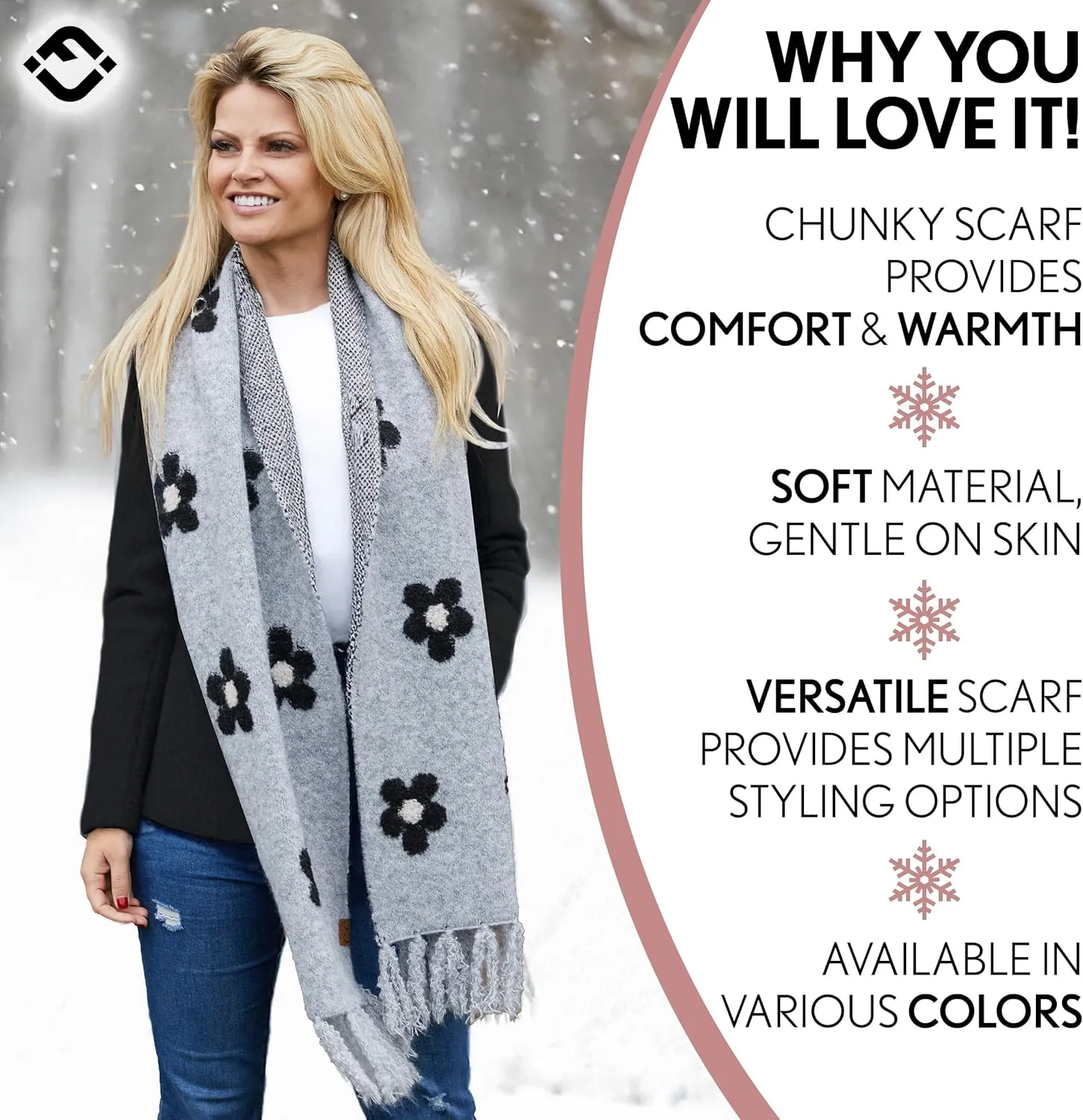 Funky Junque Winter Scarves for Women Daisy Floral Scarf - Mother's Day Gift - Soft Warm Knit