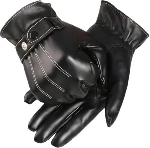 Haitpant Men Winter Genuine Leather Black Gloves Button Warm Mittens Luxurious PU Leather Driving Gloves