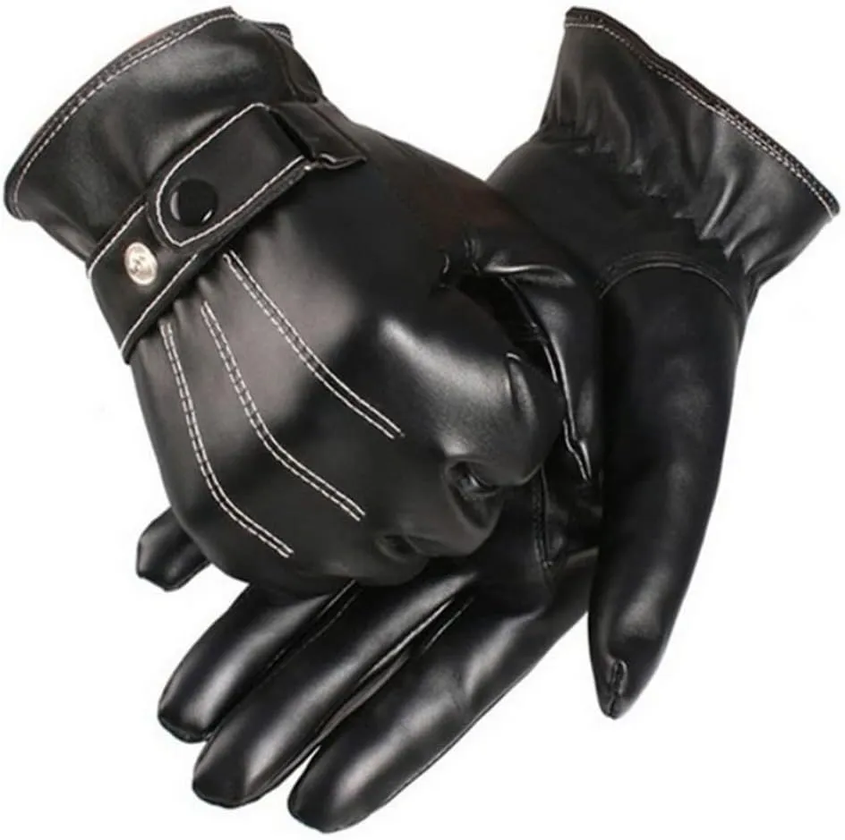 Haitpant Men Winter Genuine Leather Black Gloves Button Warm Mittens Luxurious PU Leather Driving Gloves