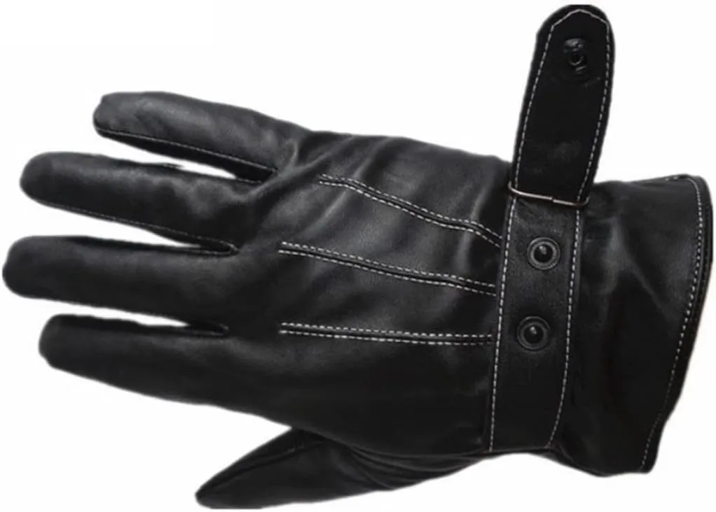 Haitpant Men Winter Genuine Leather Black Gloves Button Warm Mittens Luxurious PU Leather Driving Gloves