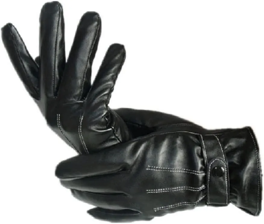 Haitpant Men Winter Genuine Leather Black Gloves Button Warm Mittens Luxurious PU Leather Driving Gloves