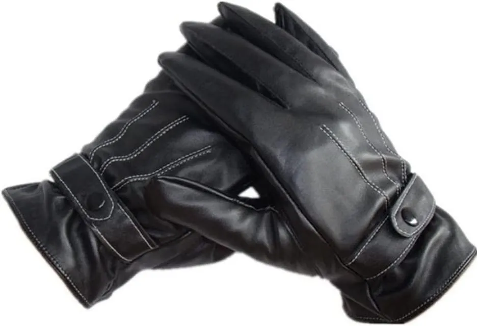 Haitpant Men Winter Genuine Leather Black Gloves Button Warm Mittens Luxurious PU Leather Driving Gloves