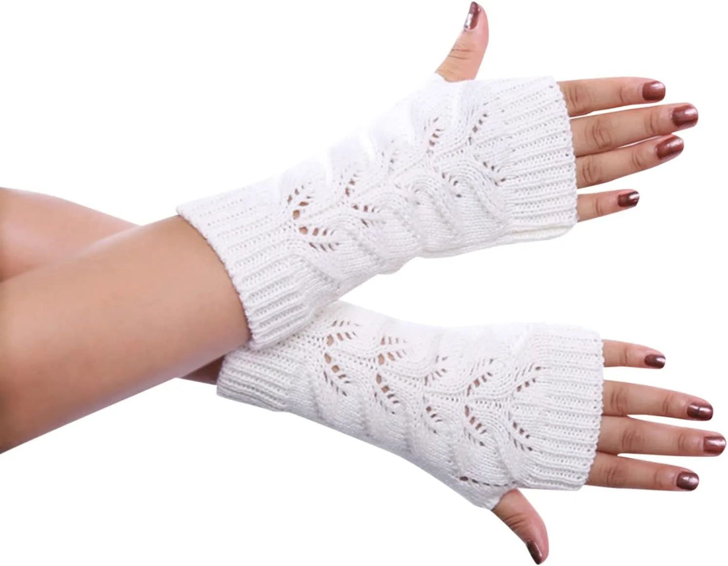 Kids Arm Warmers White Striped Gloves Girls Arm Gloves Toddler Mittens Fingerless Warm Gloves with Thumb Hole (White, One Size)