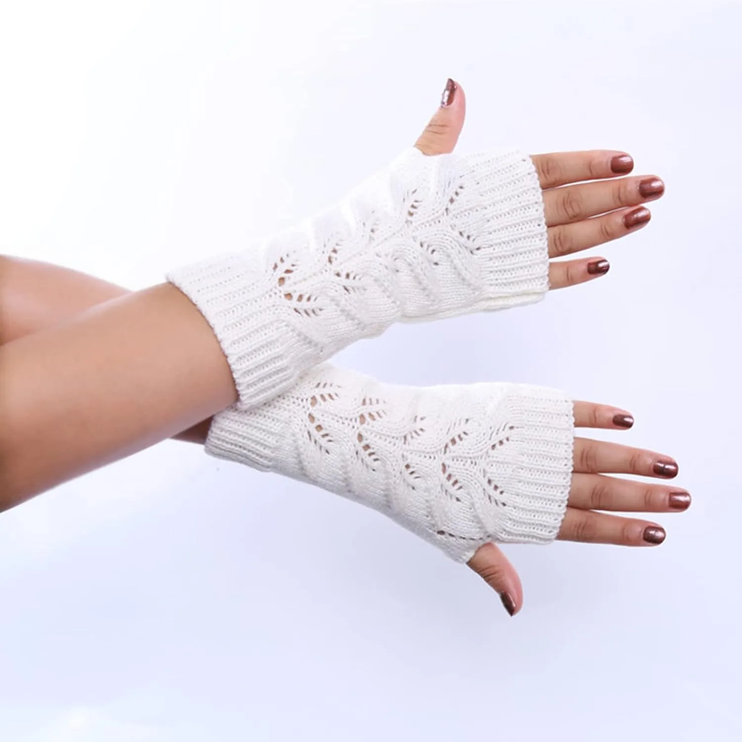Kids Arm Warmers White Striped Gloves Girls Arm Gloves Toddler Mittens Fingerless Warm Gloves with Thumb Hole (White, One Size)