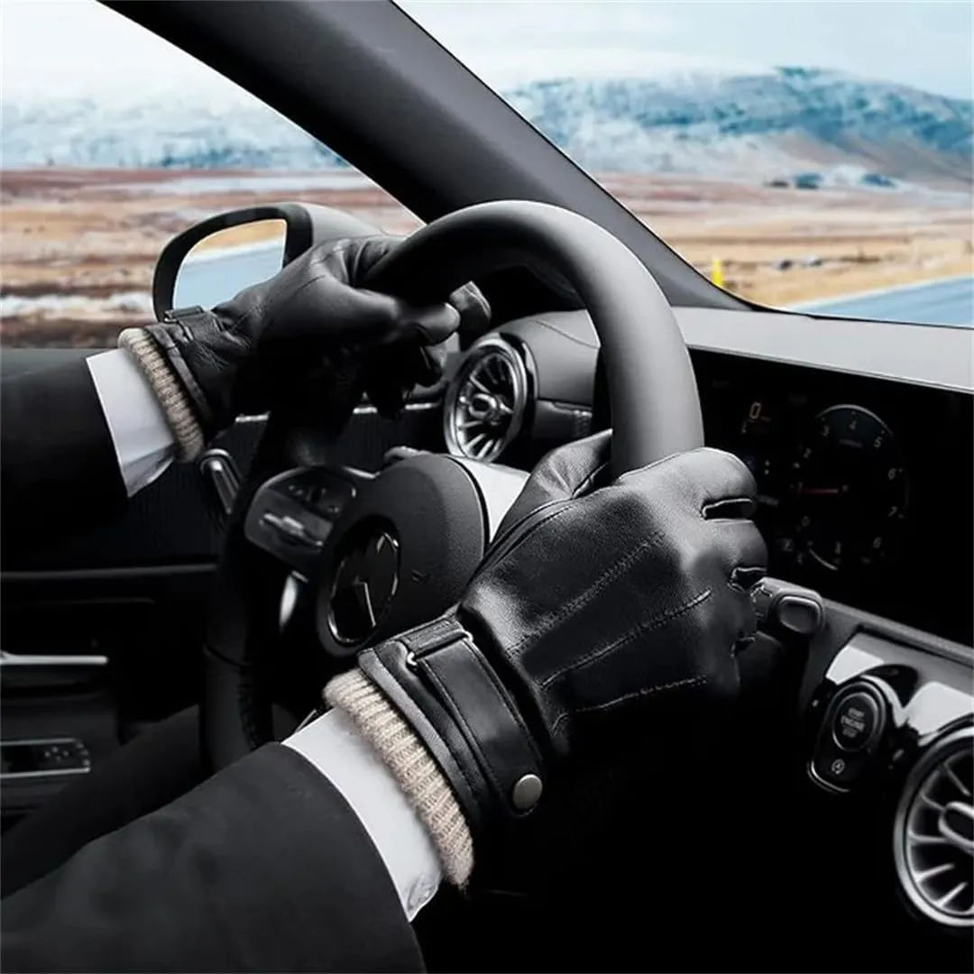 Men Sheepskin Warm Driving Leather Touchscreen Wool Lining Motorcycle Riding Man Winter Gloves