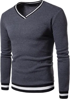 Men's Cotton V Neck Sweater Knitted Color Block Pullover Sweatshirt Casual Long Sleeve Slim Fit Soft Jumper Tops