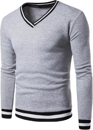 Men's Cotton V Neck Sweater Knitted Color Block Pullover Sweatshirt Casual Long Sleeve Slim Fit Soft Jumper Tops