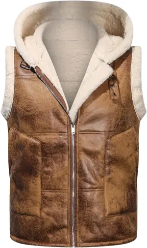 Mens Sheepskin Vest Heavyweight Fleece Lined Zip Up Sleeveless Hooded Faux Suede Bomber Jackets Winter Warm Waistcoat