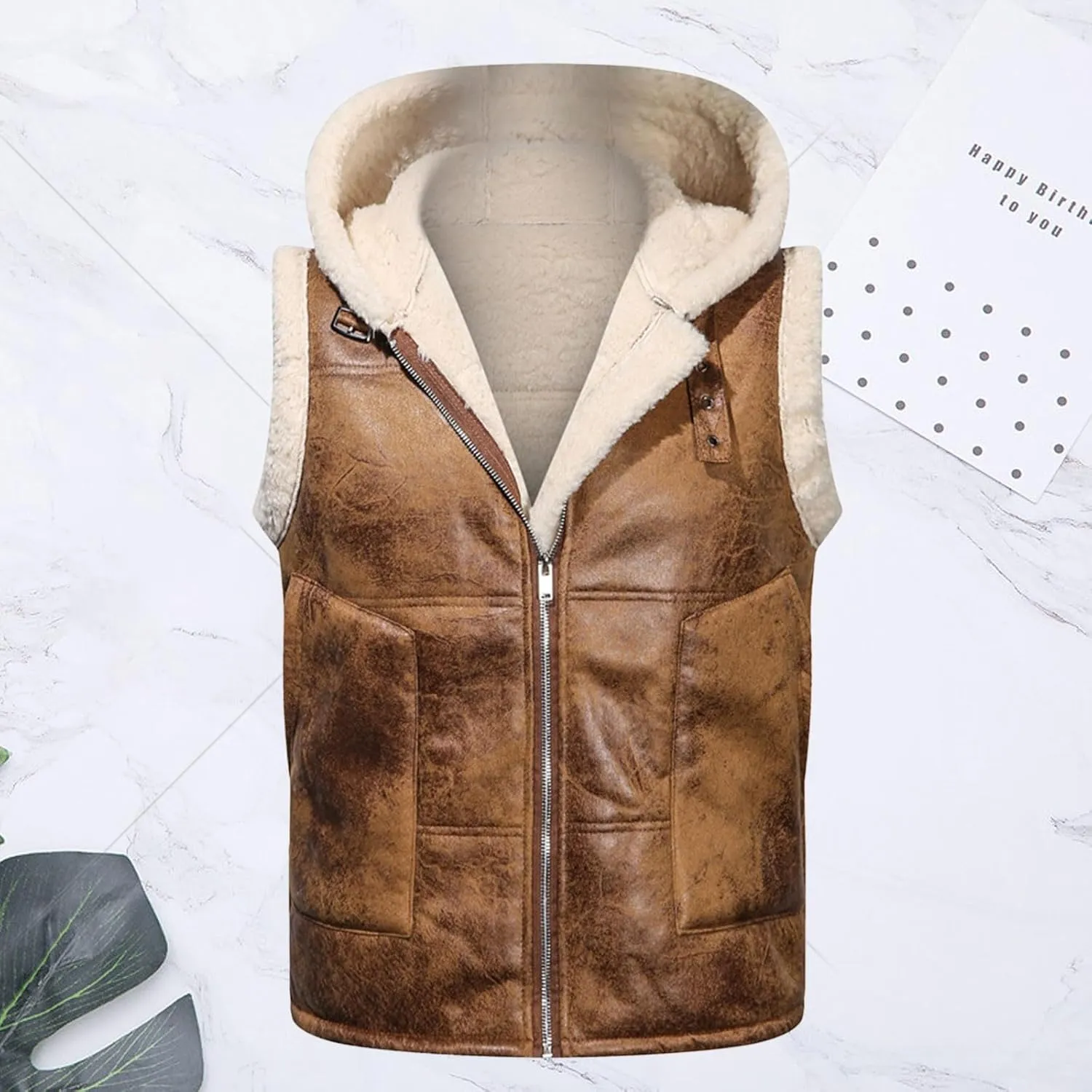 Mens Sheepskin Vest Heavyweight Fleece Lined Zip Up Sleeveless Hooded Faux Suede Bomber Jackets Winter Warm Waistcoat