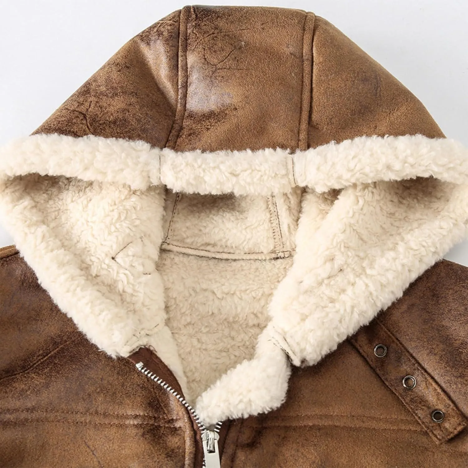 Mens Sheepskin Vest Heavyweight Fleece Lined Zip Up Sleeveless Hooded Faux Suede Bomber Jackets Winter Warm Waistcoat