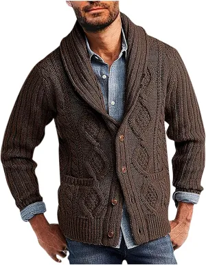 Mens Vintage Sweater Lightweight Button Down Sweaters Casual Cable Knit Cardigan Winter Sweater with Pockets