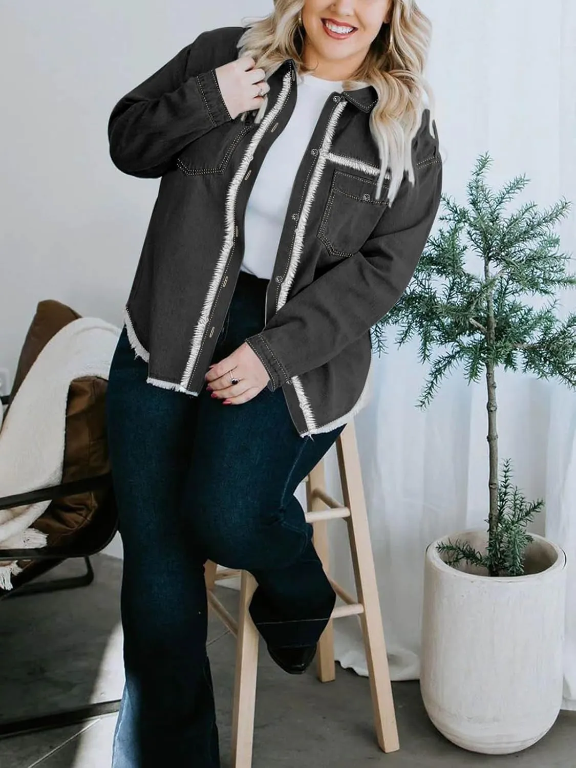Paintcolors Women's Button Down Denim Shirt Oversized Long Sleeve Casual Frayed Pocket Work Blouses Chambray Tops Jacket
