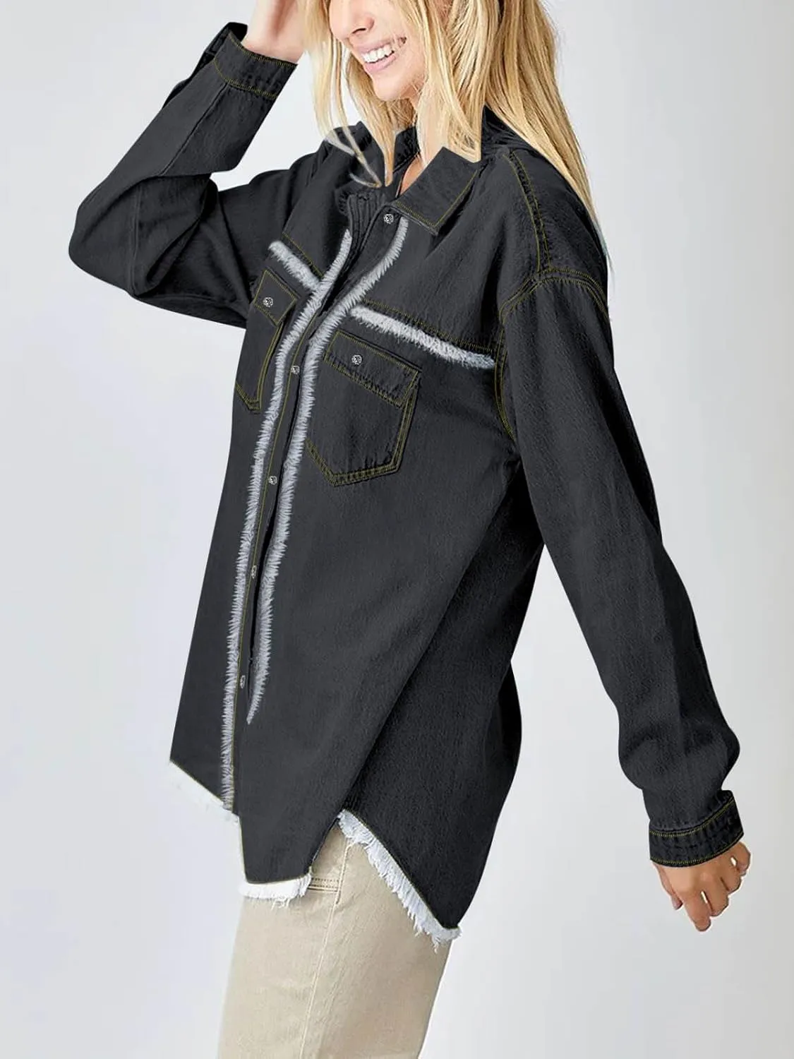 Paintcolors Women's Button Down Denim Shirt Oversized Long Sleeve Casual Frayed Pocket Work Blouses Chambray Tops Jacket