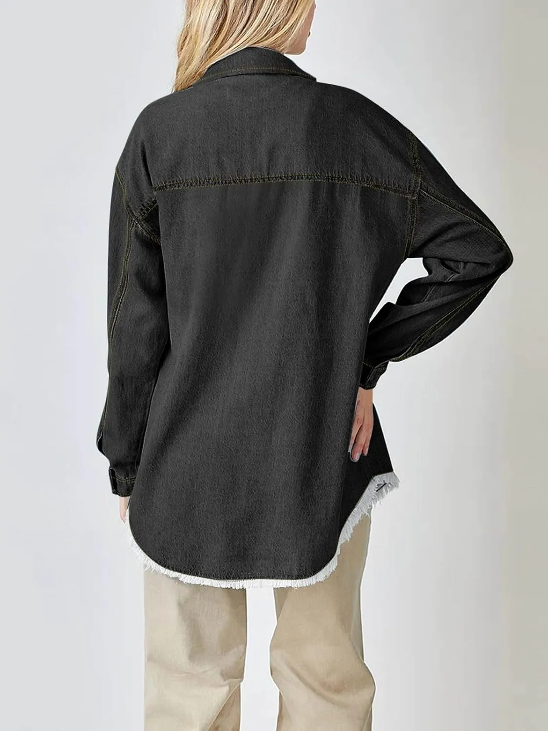 Paintcolors Women's Button Down Denim Shirt Oversized Long Sleeve Casual Frayed Pocket Work Blouses Chambray Tops Jacket