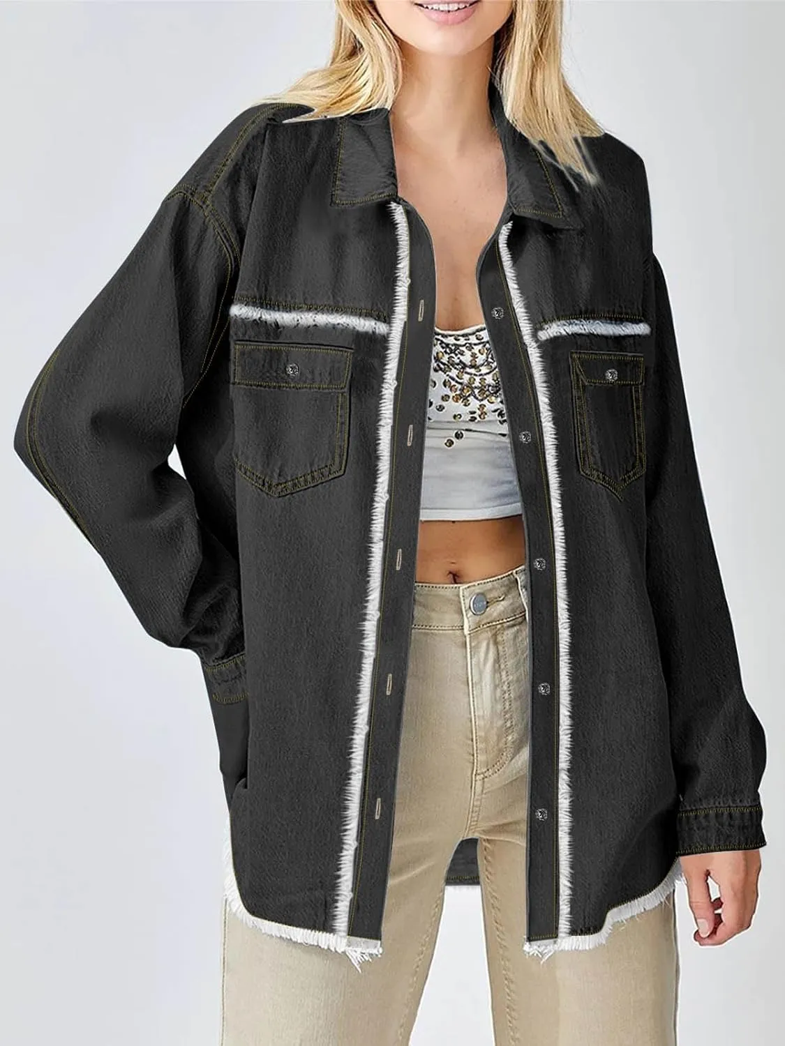 Paintcolors Women's Button Down Denim Shirt Oversized Long Sleeve Casual Frayed Pocket Work Blouses Chambray Tops Jacket