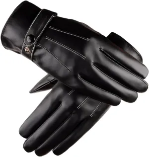PartyKindom 1Pair Men's Thick Winter Leather Gloves with Touch Screen Capability Cuff for Outdoor Driving and Cycling Warm Comfy Texting Gloves Black
