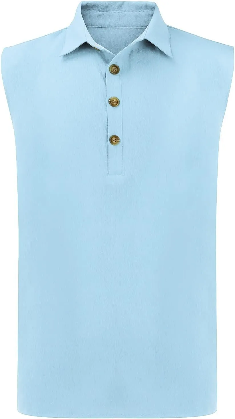 Sleeveless Beach Shirts for Men Stylish Button Up Tank Tops Summer Casual Lapel Collared Big and Tall Lapel Vest Shirt