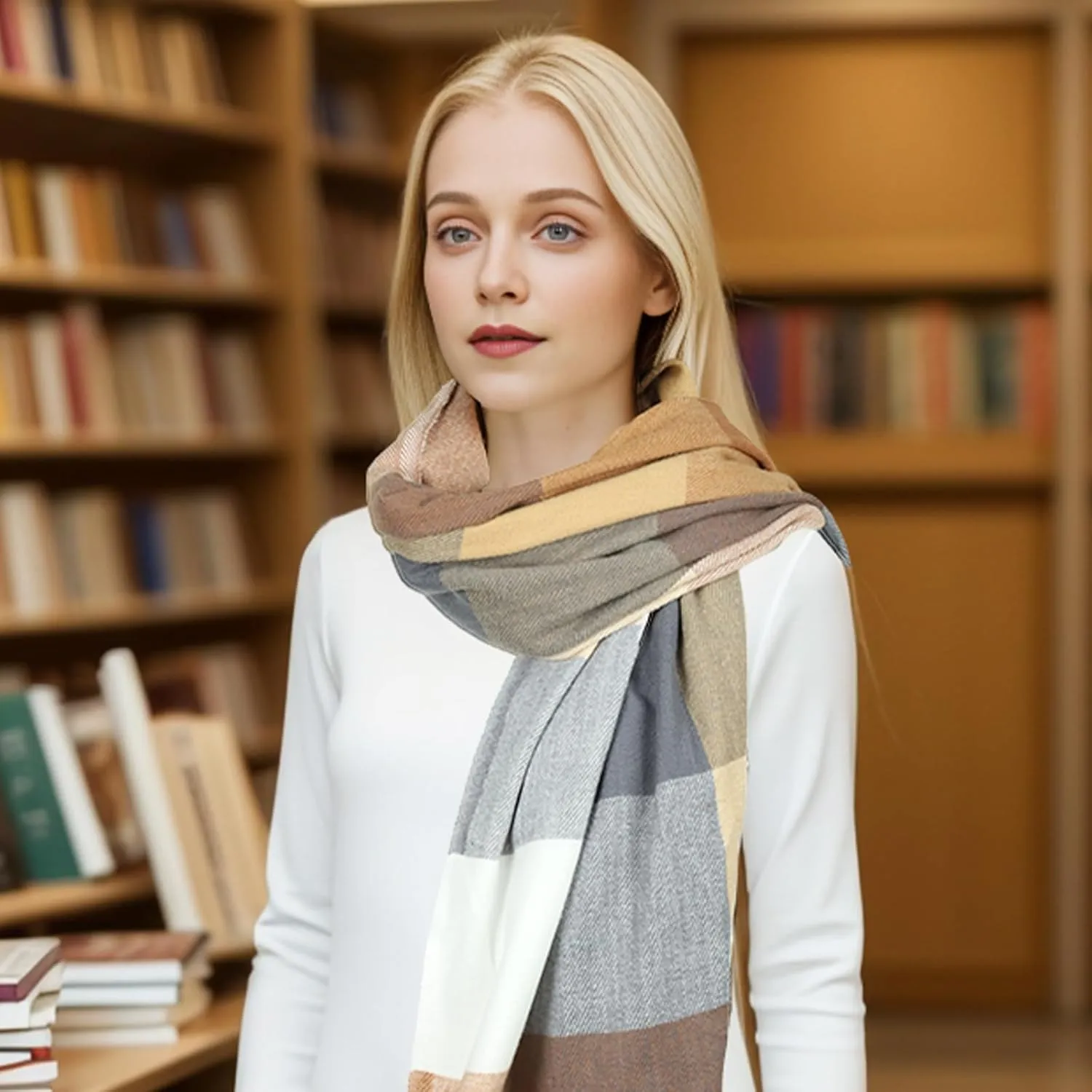 Sumato Scarf for Women Fall Winter Lightweight Shawl Wraps Long Blanket Scarves Warm Soft Cashmere Feel Plaid Pattern Tassel
