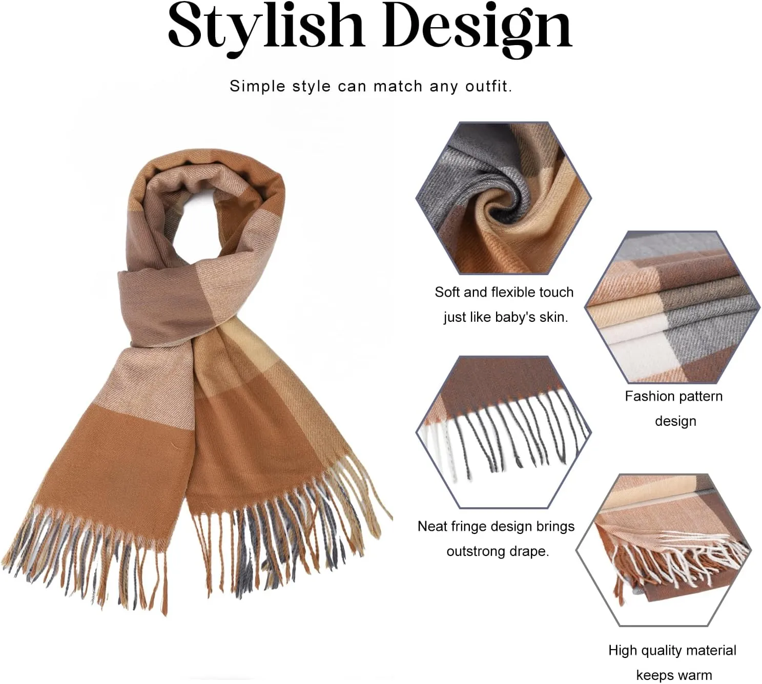 Sumato Scarf for Women Fall Winter Lightweight Shawl Wraps Long Blanket Scarves Warm Soft Cashmere Feel Plaid Pattern Tassel