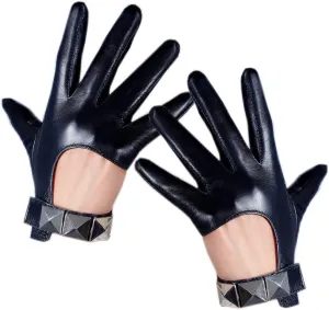 Women Short Leather Half Finger Driving Gloves Sheepskin Leather Fingerless Shiny Look Steampunk Dancing Costume