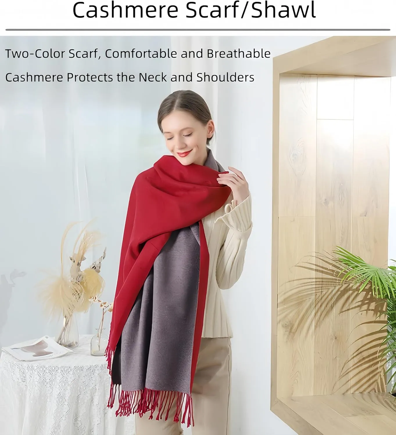 Women Winter Warm Scarf Cashmere Scarf Elegant Contrast Color Tasseled Shawl Long Stoles Oversized Soft Scarves Gifts