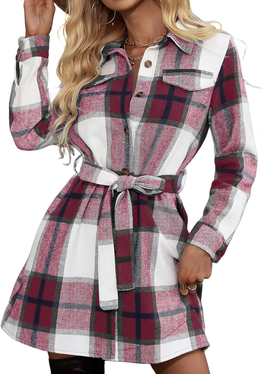Womens 2023 Fall Cardigans Plaid Button Down Long Sleeve Shacket Shirt Jacket Lapel Tunic Coats Fall Dresses with Belt