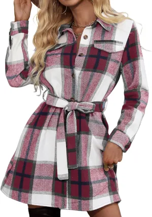 Womens 2023 Fall Cardigans Plaid Button Down Long Sleeve Shacket Shirt Jacket Lapel Tunic Coats Fall Dresses with Belt