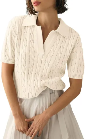 Womens Cable Knit Sweaters Long Sleeve V Neck Sweater Tops Casual Pullover Polo Shirts 2024 Fall Fashion Outfits