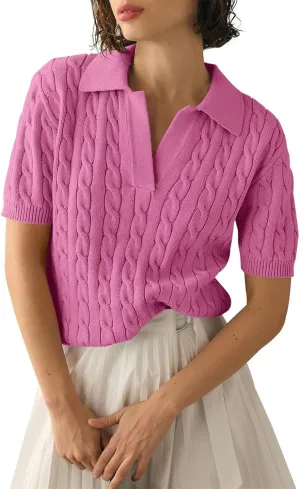 Womens Cable Knit Sweaters Long Sleeve V Neck Sweater Tops Casual Pullover Polo Shirts 2024 Fall Fashion Outfits