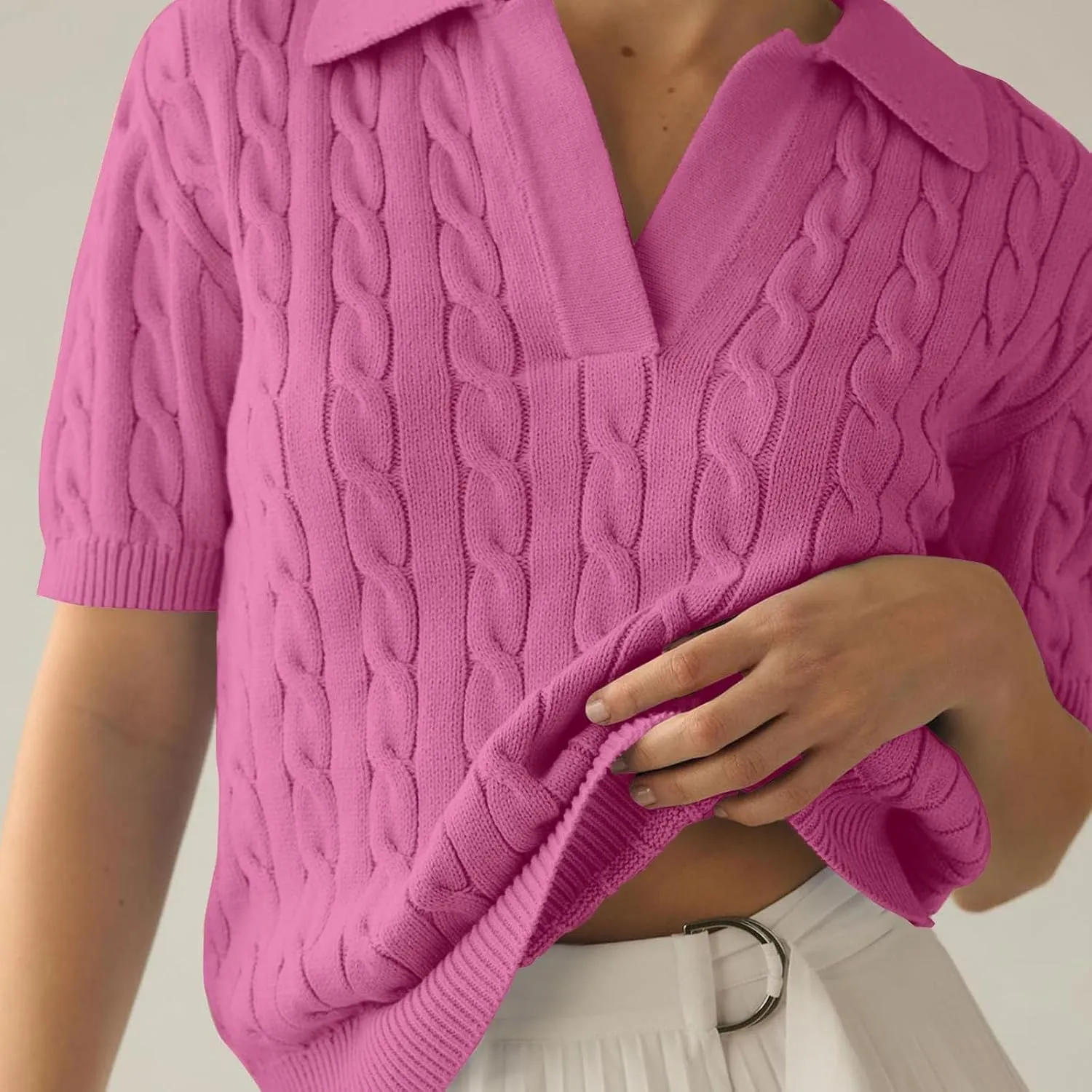 Womens Cable Knit Sweaters Long Sleeve V Neck Sweater Tops Casual Pullover Polo Shirts 2024 Fall Fashion Outfits
