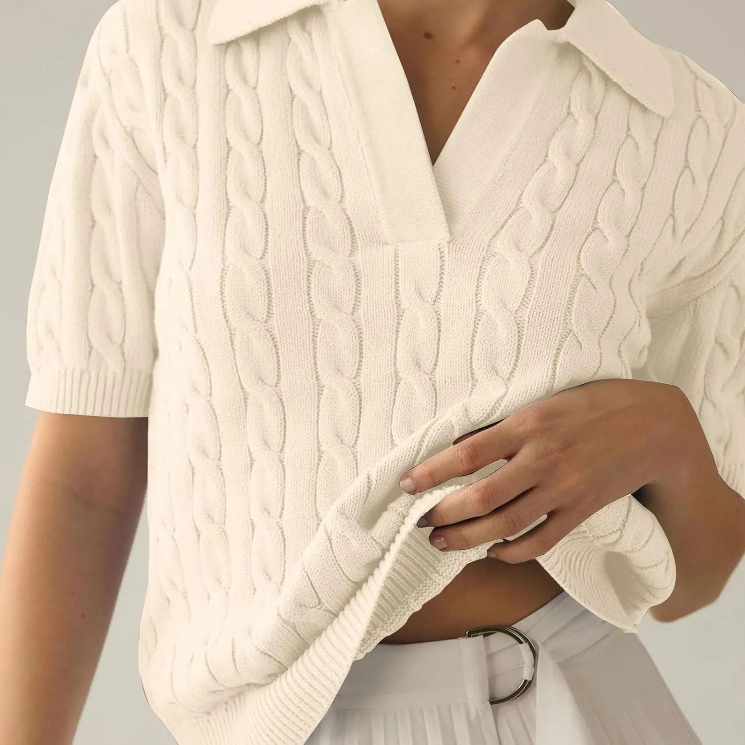 Womens Cable Knit Sweaters Long Sleeve V Neck Sweater Tops Casual Pullover Polo Shirts 2024 Fall Fashion Outfits