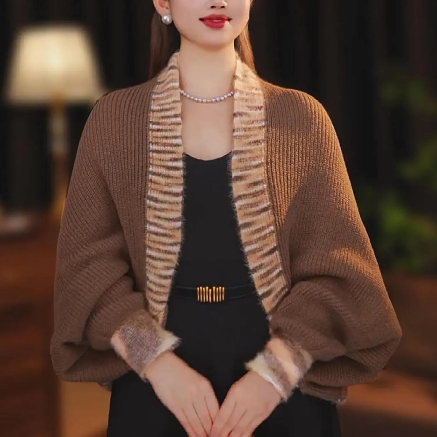 Women's Fashion Cable Knitted Sweater Shawl Long Sleeve Open Front Slouchy Cardigan Oversized Wrap Crop Sweater Shrug