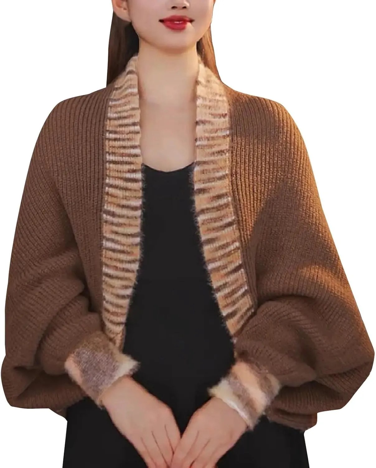 Women's Fashion Cable Knitted Sweater Shawl Long Sleeve Open Front Slouchy Cardigan Oversized Wrap Crop Sweater Shrug