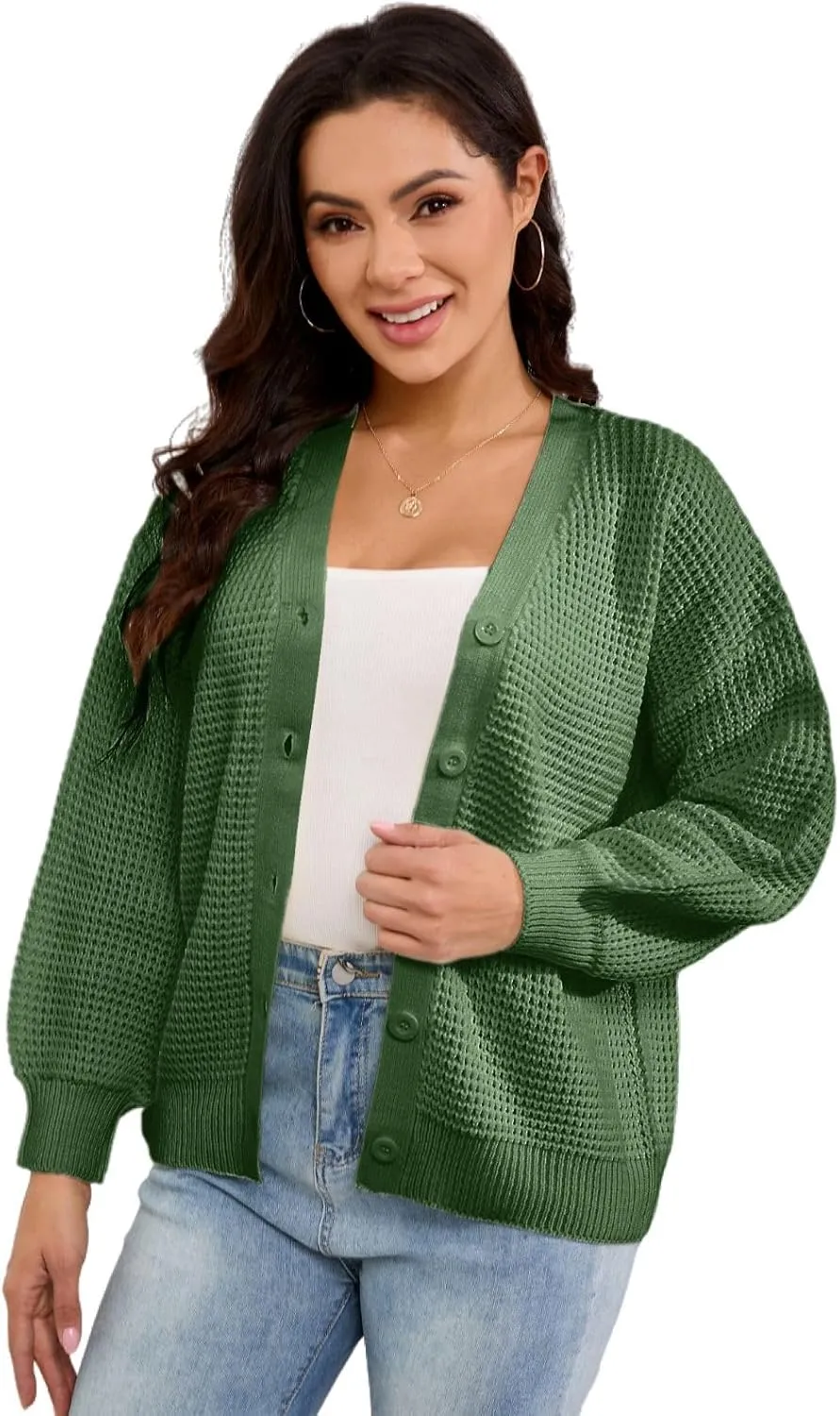 Women's Open Front Cardigan Sweaters Fashion Button Down Cable Knit Chunky Outerwear Coats Casual Loose Warm Sweaters Cardigan Warm Sweaters for Women, (L Green)