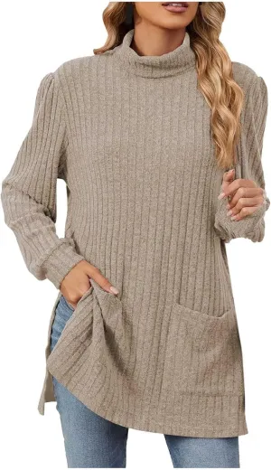 Womens Tunic Tops Turtleneck Long Sleeve Shirts Oversized Fall Sweaters Side Split High Low Hemline