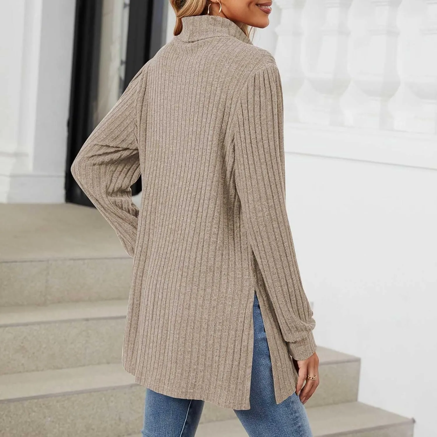 Womens Tunic Tops Turtleneck Long Sleeve Shirts Oversized Fall Sweaters Side Split High Low Hemline