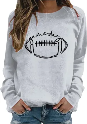 Women's White Gameday Dress O-Neck Sweatshirt Casual Long Sleeve Loose Autumn Winter Clothes Football, S-2XL
